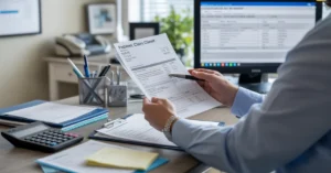 Medical billing specialist reviewing a patient claim during payment posting